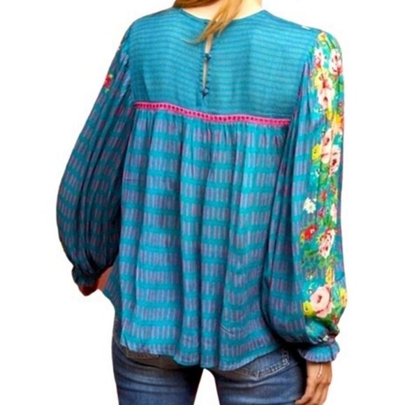 Anthropologie Bl-nk London Blouse Floral Teal Floral Long Sleeve Top Size:XL - Picture 3 of 7